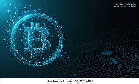 Blue futuristic background. Bitcoin and blockchain. Low poly image. Electronic cryptocurrency and modern technology. Online banking and financial. Dark blue futuristic background. 