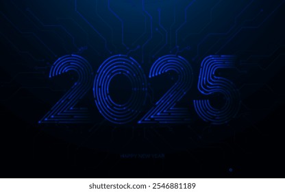 Blue futuristic background featuring the year 2025 in a digital, tech-inspired style with circuit board elements