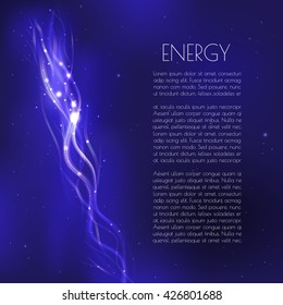 Blue futuristic background with light neon curves and glowing stars. Place for your text.