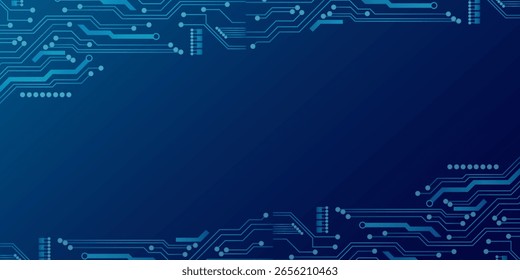 Blue futuristic background with microchip components. Technology frame Blue abstract digital background. Featuring a tech frame built from circuit board lines and microchip elements.