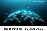 Blue futuristic background with planet Earth. Vector. Internet satellites transmit signals. Map of the planet. Global social network. Future. Internet and technology. Floating blue plexus geometric.  
