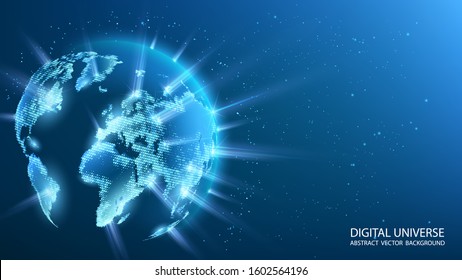 Blue futuristic background with planet Earth. World map of the planet. Rays of energy. Global social network. Future. Vector. Internet and technology. Floating blue plexus geometric background.