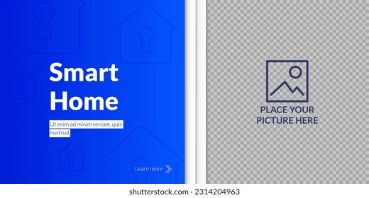 Blue futuristic banner depicting a fingerprint security system, electronic smart home technology, digital network security. Place for picture. Icon of the house with lock. Technology background