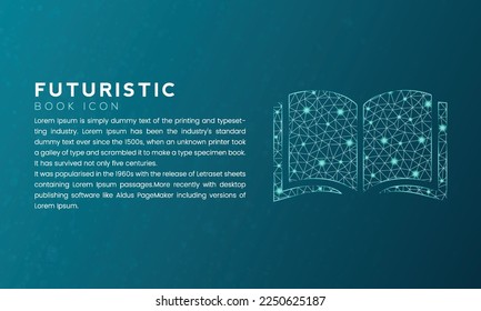 Blue futuristic book icon concept with polygon node connected dots and neon effect