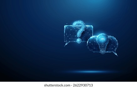 Blue futuristic chat bubbles with question mark and light bulb AI-driven conversation, idea generation, smart problem-solving AI-powered virtual assistants, natural language processing concept Vector.