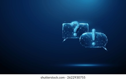 Blue futuristic chat bubbles with question and exclamation marks. AI-powered chatbots, automated customer support, real-time response systems, intelligent assistance. Low poly style. Vector.