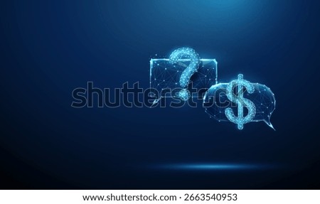 Blue futuristic chat bubbles with question mark and dollar sign. AI-powered chatbots, automated customer support, real-time response systems, intelligent assistance concept. Low poly style. Vector.
