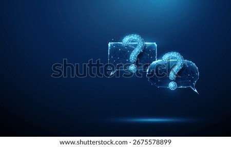 Blue futuristic chat bubbles with question marks. AI-powered chatbots, automated customer support, real-time response systems, intelligent assistance concept. Low poly digital style, wireframe. Vector