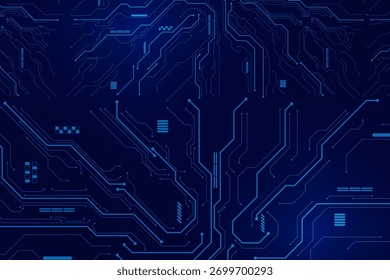 Blauer futuristischer Leiterplatinen-Vektorhintergrund. High-Tech-Hintergrund der blauen Leiterplatte mit leuchtenden digitalen Linien und modernem Technologiemuster - ideal für KI, Elektronik und Datenverbindungsthema