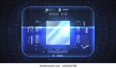 Blue Futuristic CPU with HUD and GUI elements, lights, effects. Concept of Microchip CPU - big database, processing, rapid analysing, e.t.c. HUD, GUI, hologram. Vector Illustration. 