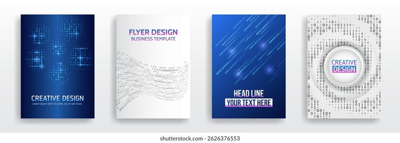 Blue futuristic designs with glowing ones and zeros. Suitable for cybersecurity, programming topics. Set of flyer and brochure cover templates with abstract digital binary code background.