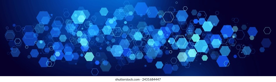 Blue Futuristic Hexagon Grid. Colorful Network Connection Concept. Big Data Digital Technology or Science Background. Wide Banner Vector Illustration