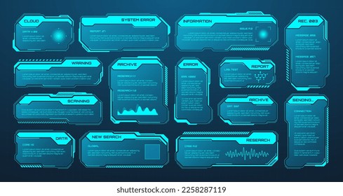 Blue futuristic HUD or UI elements. Sci-fi user interface text boxes, callouts. Warning message frames, information boxes template. Modern game interface layout in digital style. Vector illustration