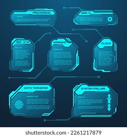 Blaue futuristische HUD- oder UI-Elemente. Textfelder für die Sci-fi-Benutzeroberfläche, Tastenkombinationen. Meldungsrahmen, Vorlage für Informationsfelder. Modernes Interface im digitalen Stil. Vektorgrafik