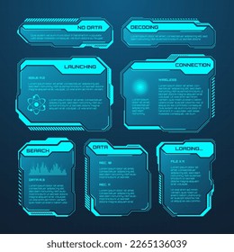 Blue futuristic HUD or UI elements. Sci-fi user interface text boxes, callouts. Warning message frames, information boxes template. Modern game interface layout in digital style. Vector illustration - Powered by Shutterstock - Get 15% off with code: PIKWIZARD15