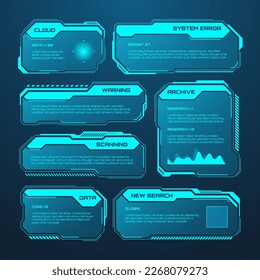 Blue futuristic HUD or UI elements. Sci-fi user interface text boxes, callouts. Warning message frames, information boxes template. Modern game interface layout in digital style. Vector illustration