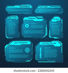 Blue futuristic HUD or UI elements. Sci-fi user interface text boxes, callouts. Warning message frames, information boxes template. Modern game interface layout in digital style. Vector illustration