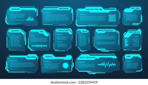 Blue futuristic HUD or UI elements. Sci-fi user interface text boxes, callouts. Warning message frames, information boxes template. Modern game interface layout in digital style. Vector illustration
