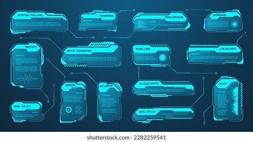 Blue futuristic HUD or UI elements. Sci-fi user interface text boxes, callouts. Warning message frames, information boxes template. Modern game interface layout in digital style. Vector illustration