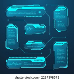 Blue futuristic HUD or UI elements. Sci-fi user interface text boxes, callouts. Warning message frames, information boxes template. Modern game interface layout in digital style. Vector illustration