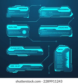 Blue futuristic HUD or UI elements. Sci-fi user interface text boxes, callouts. Warning message frames, information boxes template. Modern game interface layout in digital style. Vector illustration