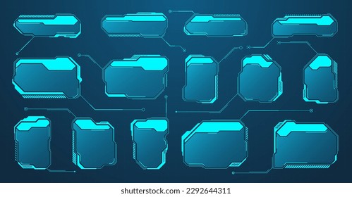 Blue futuristic HUD or UI elements. Sci-fi user interface text boxes, callouts. Warning message frames, information boxes template. Modern game interface layout in digital style. Vector illustration