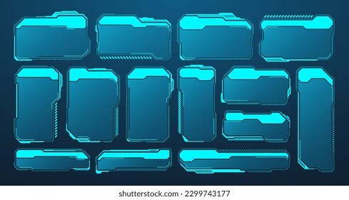 Blue futuristic HUD or UI elements. Sci-fi user interface text boxes, callouts. Warning message frames, information boxes template. Modern game interface layout in digital style. Vector illustration