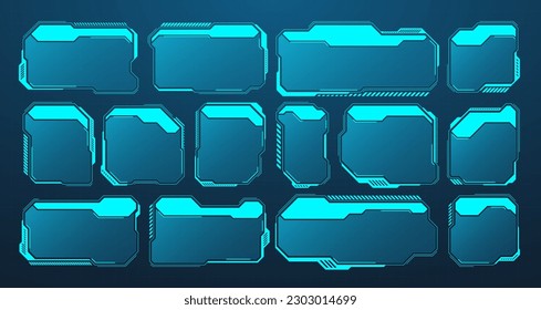 Blue futuristic HUD or UI elements. Sci-fi user interface text boxes, callouts. Warning message frames, information boxes template. Modern game interface layout in digital style. Vector illustration