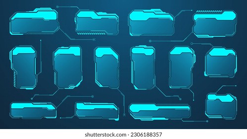 Elementos HUD o UI futuristas azules. Cuadros de texto de la interfaz de usuario de Sci-fi, llamadas. Marcos de mensajes de advertencia, plantilla de cuadros de información. Diseño moderno de interfaz de juego en estilo digital. Ilustración del vector