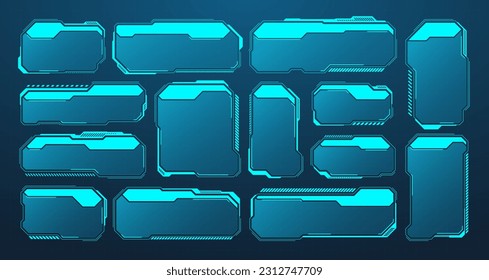 Blue futuristic HUD or UI elements. Sci-fi user interface text boxes, callouts. Warning message frames, information boxes template. Modern game interface layout in digital style. Vector illustration