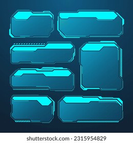Blue futuristic HUD or UI elements. Sci-fi user interface text boxes, callouts. Warning message frames, information boxes template. Modern game interface layout in digital style. Vector illustration