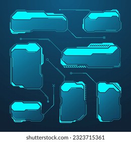 Blue futuristic HUD or UI elements. Sci-fi user interface text boxes, callouts. Warning message frames, information boxes template. Modern game interface layout in digital style. Vector illustration