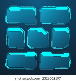 Blue futuristic HUD or UI elements. Sci-fi user interface text boxes, callouts. Warning message frames, information boxes template. Modern game interface layout in digital style. Vector illustration