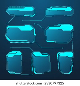 Blue futuristic HUD or UI elements. Sci-fi user interface text boxes, callouts. Warning message frames, information boxes template. Modern game interface layout in digital style. Vector illustration
