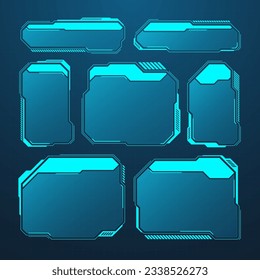 Blue futuristic HUD or UI elements. Sci-fi user interface text boxes, callouts. Warning message frames, information boxes template. Modern game interface layout in digital style. Vector illustration