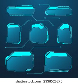 Blue futuristic HUD or UI elements. Sci-fi user interface text boxes, callouts. Warning message frames, information boxes template. Modern game interface layout in digital style. Vector illustration