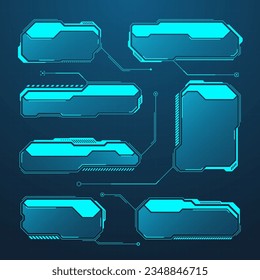 Blue futuristic HUD or UI elements. Sci-fi user interface text boxes, callouts. Warning message frames, information boxes template. Modern game interface layout in digital style. Vector illustration