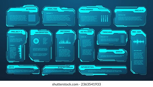 Blue futuristic HUD or UI elements. Sci-fi user interface text boxes, callouts. Warning message frames, information boxes template. Modern game interface layout in digital style. Vector illustration