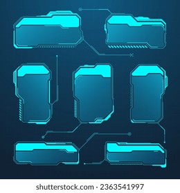 Blue futuristic HUD or UI elements. Sci-fi user interface text boxes, callouts. Warning message frames, information boxes template. Modern game interface layout in digital style. Vector illustration