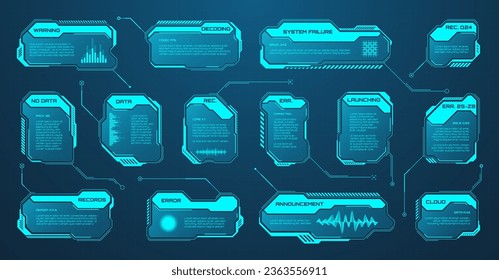 Elementos HUD o UI futuristas azules. Cuadros de texto de la interfaz de usuario de Sci-fi, llamadas. Marcos de mensajes de advertencia, plantilla de cuadros de información. Diseño moderno de interfaz de juego en estilo digital. Ilustración del vector