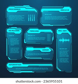 Elementos HUD o UI futuristas azules. Cuadros de texto de la interfaz de usuario de Sci-fi, llamadas. Marcos de mensajes de advertencia, plantilla de cuadros de información. Diseño moderno de interfaz de juego en estilo digital. Ilustración del vector