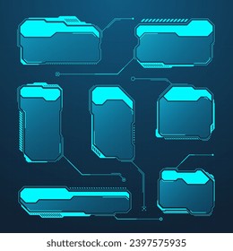 Blue futuristic HUD or UI elements. Sci-fi user interface text boxes, callouts. Warning message frames, information boxes template. Modern game interface layout in digital style. Vector illustration
