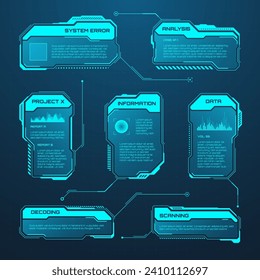 Blue futuristic HUD or UI elements. Sci-fi user interface text boxes, callouts. Warning message frames, information boxes template. Modern game interface layout in digital style. Vector illustration