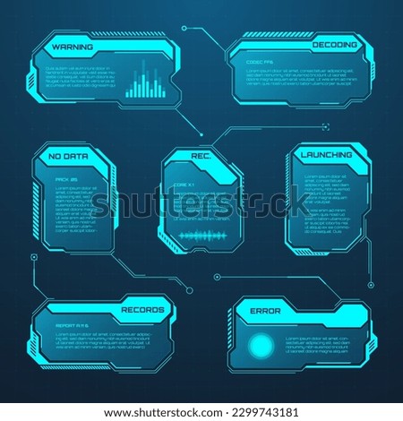 Blue futuristic HUD or UI elements. Sci-fi user interface text boxes, callouts. Warning message frames, information boxes template. Modern game interface layout in digital style. Vector illustration