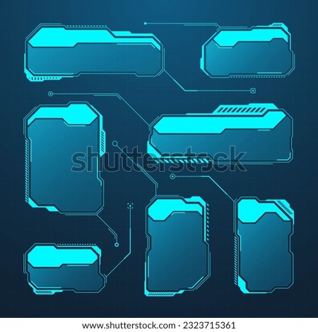 Blue futuristic HUD or UI elements. Sci-fi user interface text boxes, callouts. Warning message frames, information boxes template. Modern game interface layout in digital style. Vector illustration
