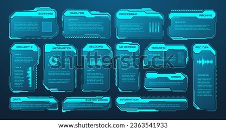 Blue futuristic HUD or UI elements. Sci-fi user interface text boxes, callouts. Warning message frames, information boxes template. Modern game interface layout in digital style. Vector illustration