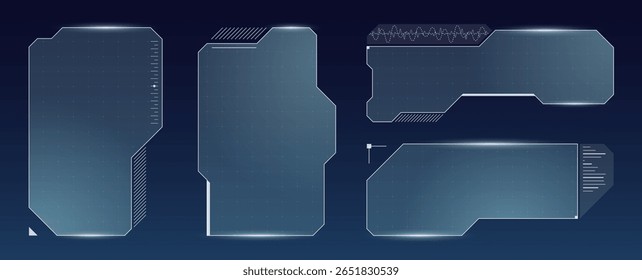 Interface futurista azul com painéis digitais e quadro HUD abstrato. O layout do painel de Ficção Científica evoca sistemas de controle de espaço, telas virtuais e telas de dados seguras.