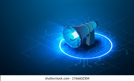 Blue futuristic isometric flat megaphone isolated on blue background. Vector illustration for web, marketing and social media concept.