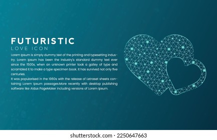 Blue futuristic love icon concept with polygon node connected dots and neon effect