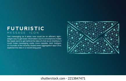 Blue futuristic message icon concept with polygon node connected dots and neon effect